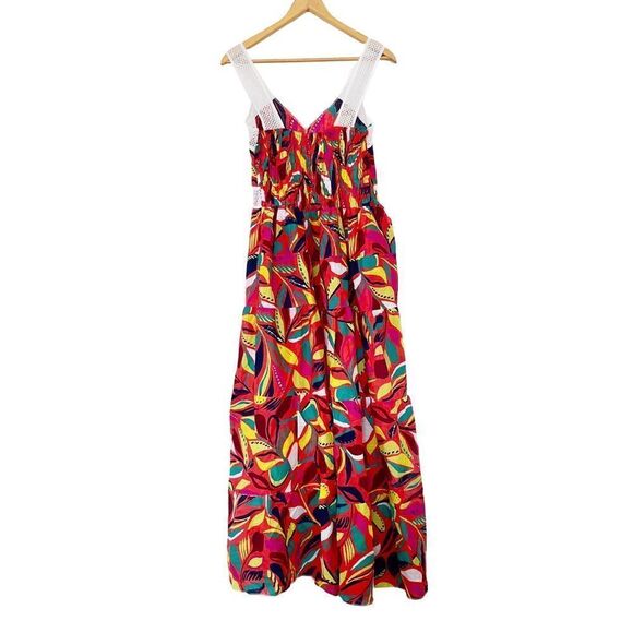 Vibrant Colourful Tropical Pattern White Crocheted Trim Maxi Dress - Picture 2 of 8